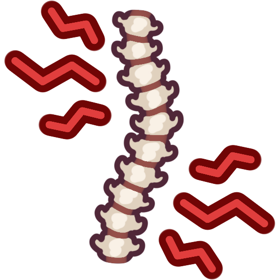 a bent spinal column with red lightning marks on either side.